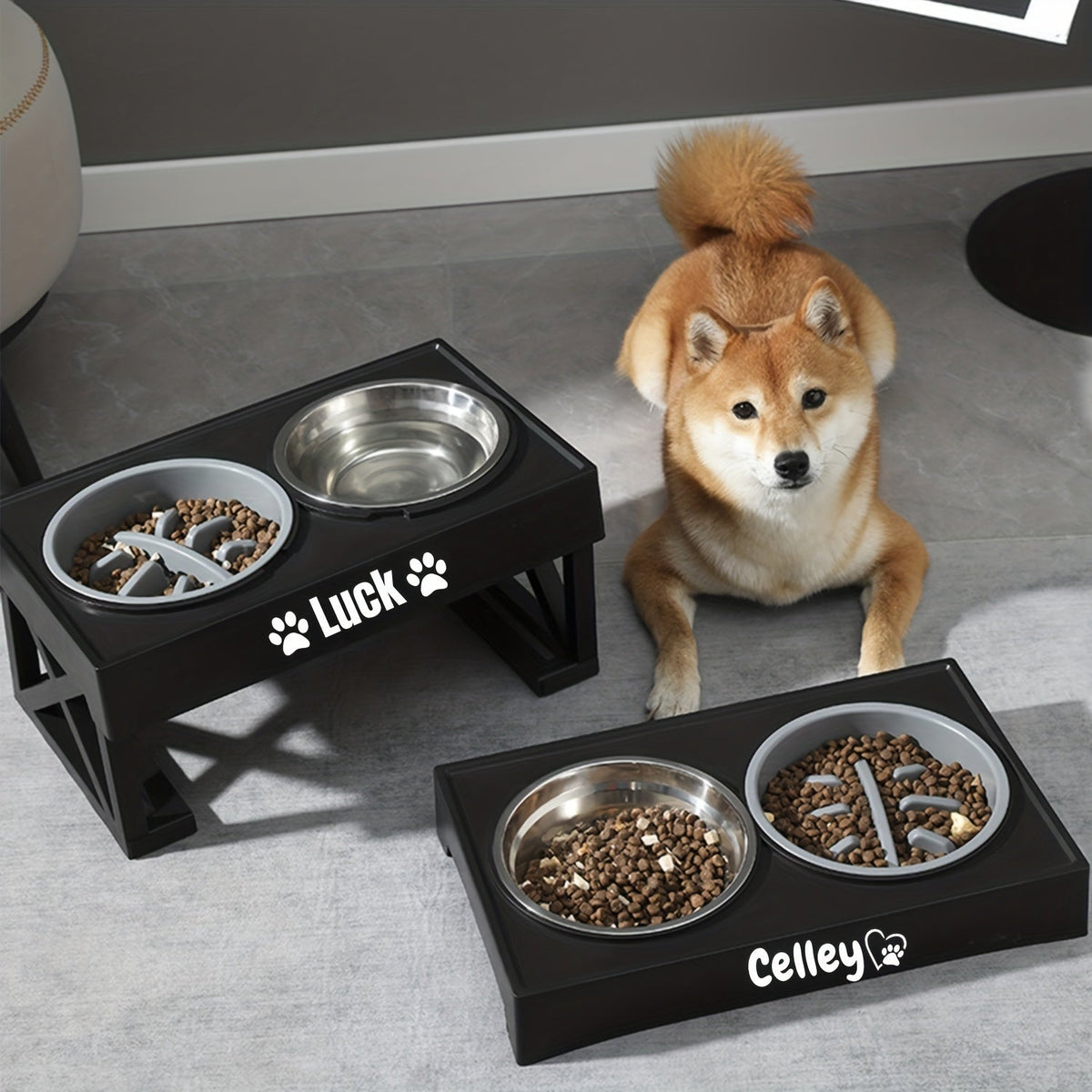 Gamelle surélevée personnalisée en acier inoxydable avec ralentisseur, double bol réglable en hauteur pour nourriture et eau pour chiens et chats de taille moyenne à grande