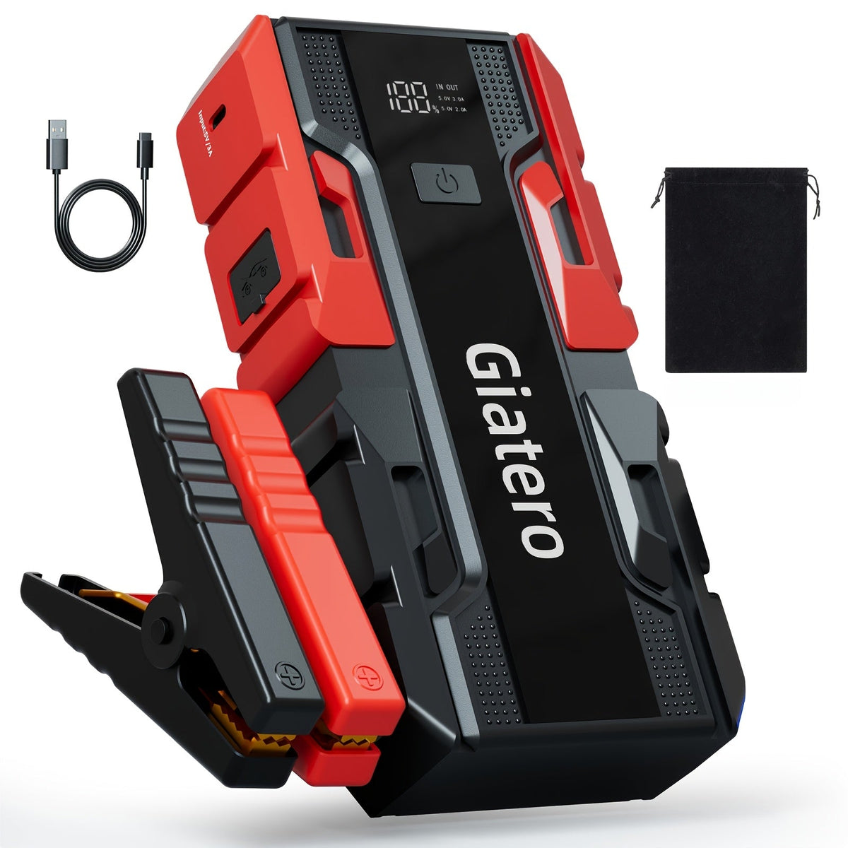 Démarreur de voiture portable 12 V avec compresseur d'air intégré – Booster de batterie d'urgence pour moteurs essence (14 L) et diesel (12 L), camions et voitures, alimentation de secours pour démarrage