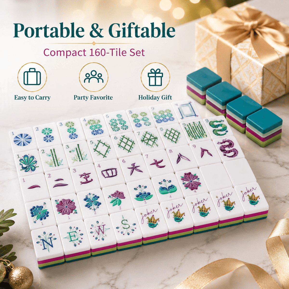 Jeu de mah-jong américain de 160 tuiles avec 4 dés et illustrations de paon – Tuiles colorées, brillantes et superposées, jeu de société pour les soirées en famille, les fêtes entre amis, idée de cadeau de vacances pour adultes