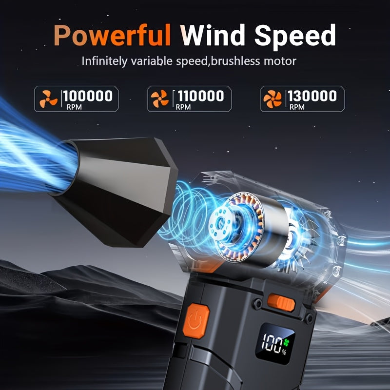 Souffleur turbo 130 000 tr/min avec charge rapide USB-C, affichage intelligent et éclairage LED – 100 réglages de vitesse pour le nettoyage de voiture, le dépoussiérage, le soufflage de feuilles, le barbecue et le refroidissement – Noir et orange