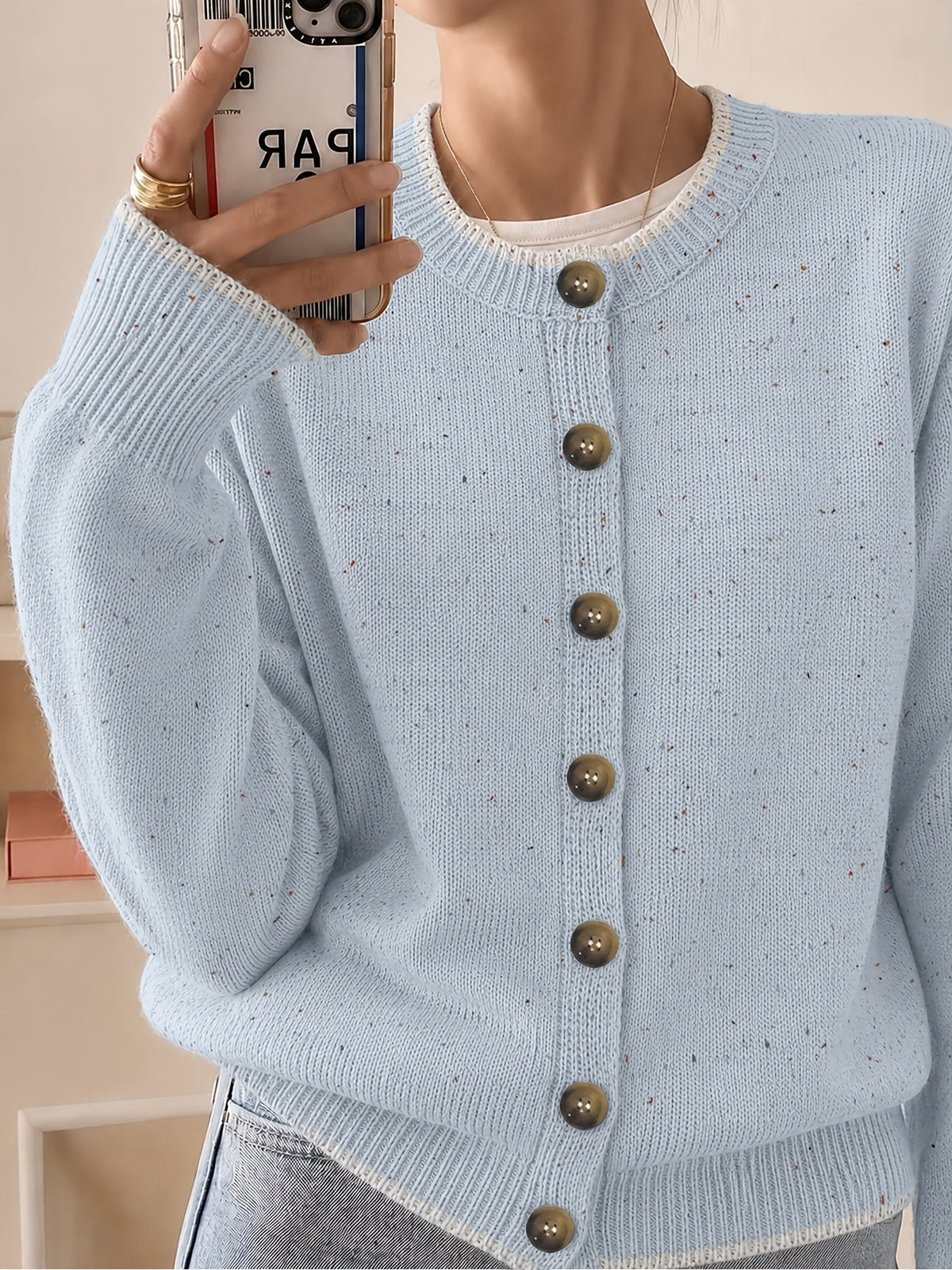 Cardigan décontracté pour femme à boutons, manches longues, col rond, maille colorée | Haut élégant et léger en tissu extensible à motif pois bonbon, tailles S M L XL