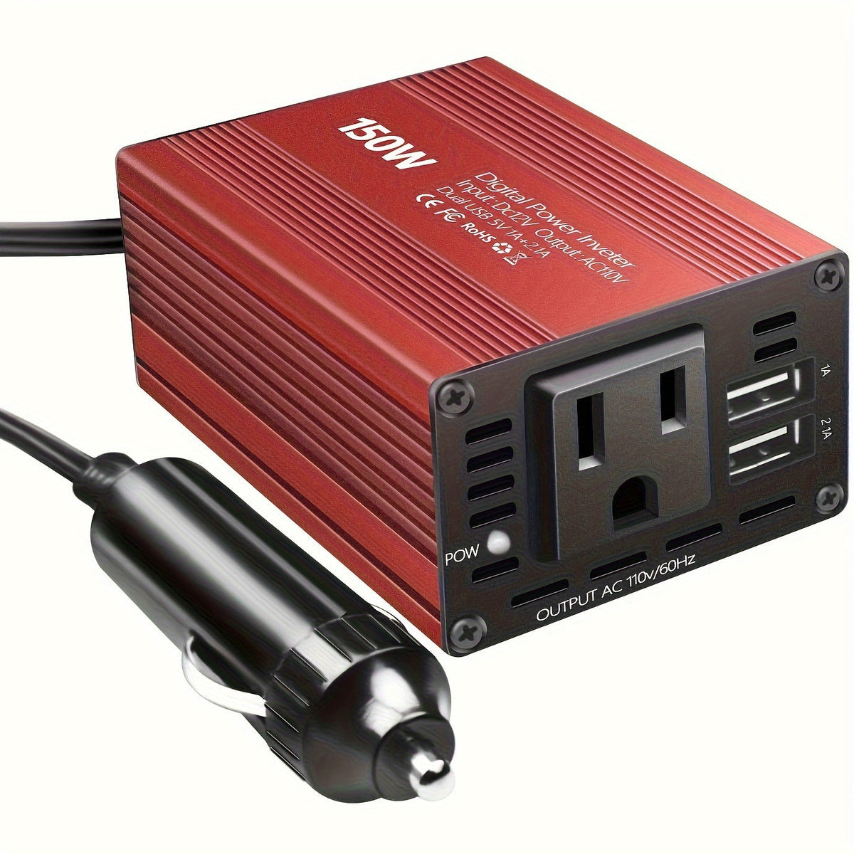 Convertisseur de tension pour voiture 150 W, 12 V CC à 110 V CA avec double port USB 3,1 A – Adaptateur secteur pour ordinateur portable, téléphone, tablette, essentiel pour les trajets en voiture