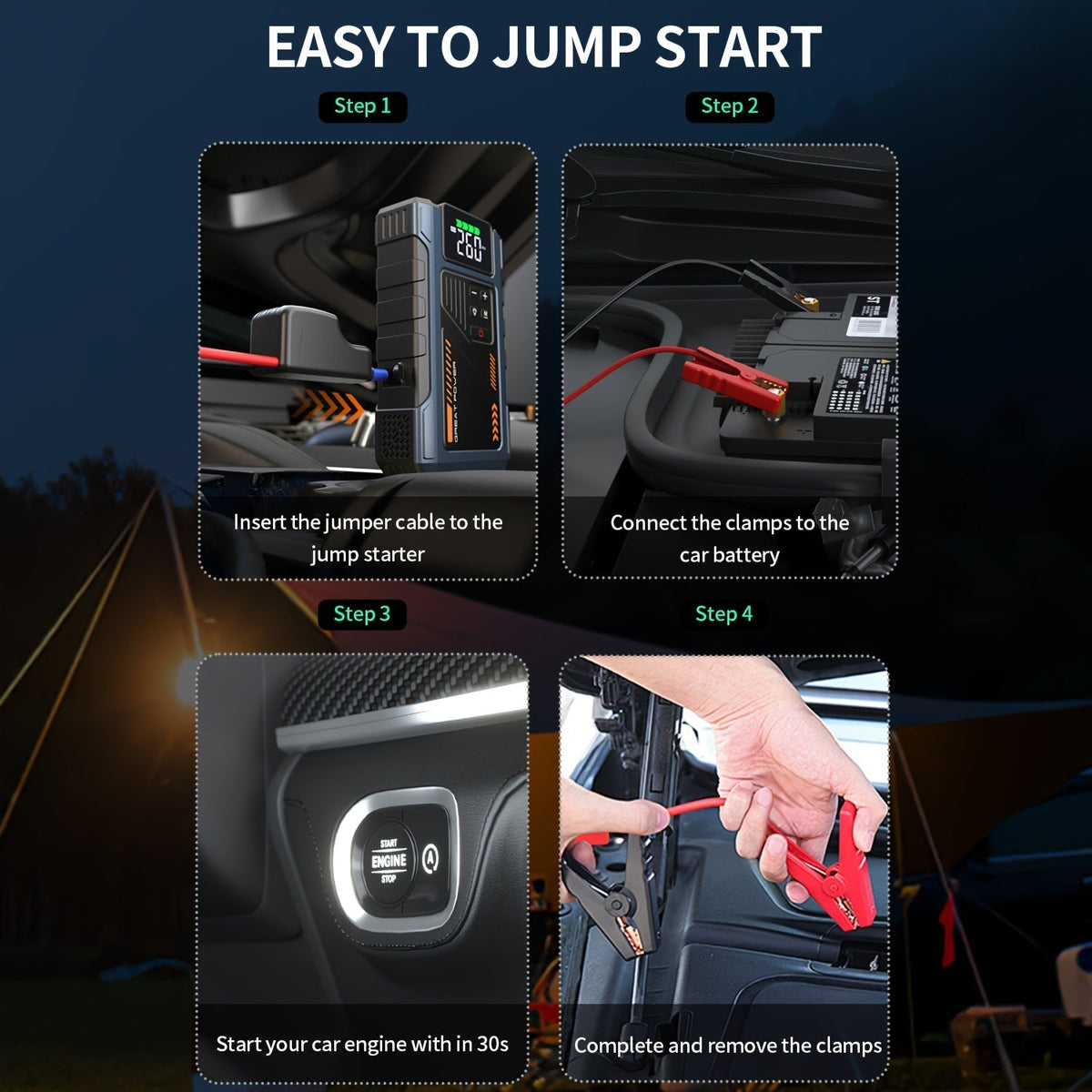 Démarreur de voiture 4000A avec compresseur d'air et gonfleur de pneus – Booster de batterie portable tout-en-un pour moteurs essence et diesel, lampe LED, batterie externe USB, affichage numérique, démarreur d'urgence compact