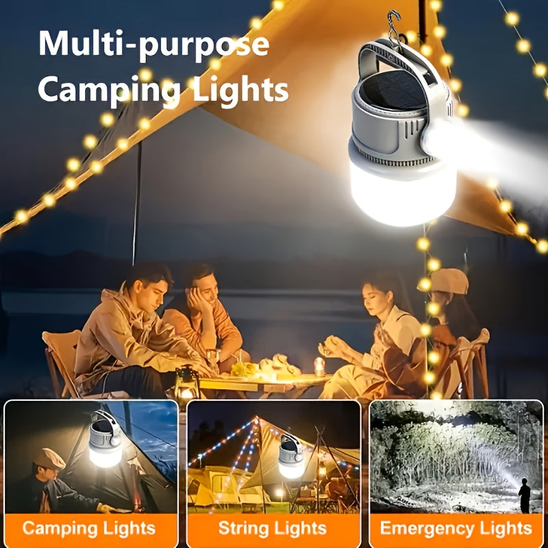 Lanterne de camping LED solaire rechargeable 6 modes - Batterie externe USB, crochet, autonomie 4-8 heures, éclairage extérieur portable pour camping sous tente, randonnée, alpinisme et urgence