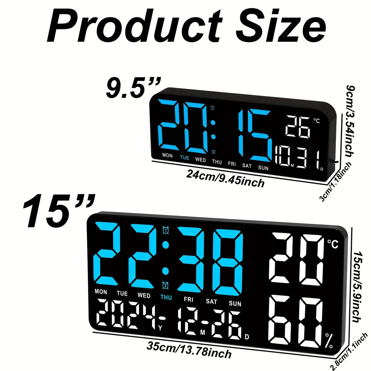Réveil LED à grand écran avec télécommande à atténuation automatique – Horloge numérique de 15 pouces affichant l'heure, la date, le jour de la semaine, la température et l'humidité – Horloge de chevet pour seniors, salon, bureau