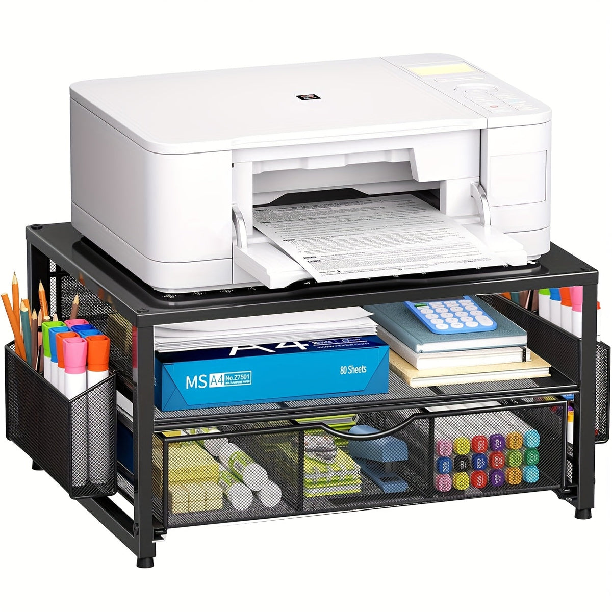 Support d'imprimante en métal pour bureau avec tiroir de rangement et 2 porte-stylos – Organisateur de bureau à 2 niveaux pour bureau à domicile, table d'imprimante polyvalente pour télécopieur, scanner et dossiers, bois et noir