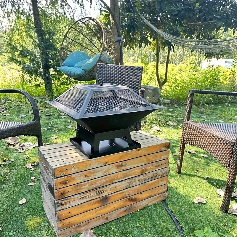 Brasero d'extérieur de 18,5 pouces, foyer robuste à bois avec grille de barbecue, cendrier, couvercle ignifuge et tisonnier – Chauffage de terrasse pour camping, pique-niques et réunions