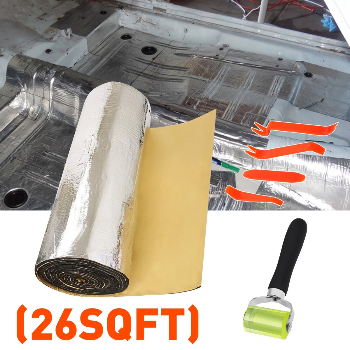 Tapis d'insonorisation et bouclier thermique pour voiture, 22/26 pi² – Isolation phonique en feuille d'aluminium auto-adhésive, découpe et installation faciles pour plancher, portière et coffre, outils d'installation inclus