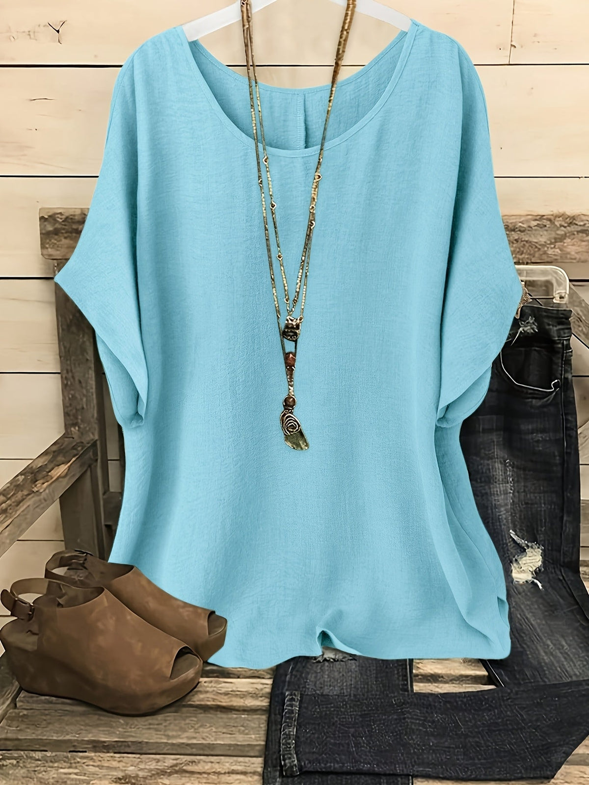 Haut de plage ample et brillant pour femme – T-shirt de vacances à manches courtes et col rond, couleur unie, pour sorties estivales décontractées