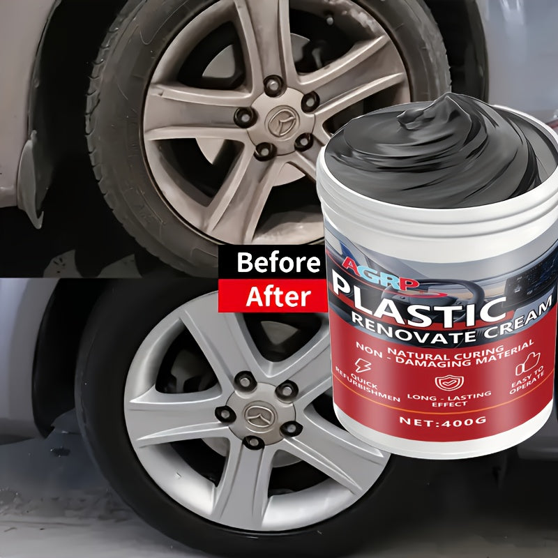 Cire rénovatrice pour plastiques de voiture 400 g – Polish haute brillance résistant aux UV pour tableau de bord, pare-chocs, pneus et garnitures extérieures, pâte de detailing intérieur et extérieur anti-décoloration, séchage rapide non gras