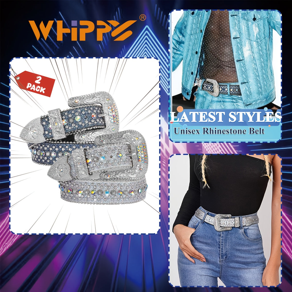 Ceinture strass unisexe style western – Ceinture ajustable scintillante en similicuir avec boucle en alliage pour hommes et femmes, tailles S-XL, cadeau pour fête, festival, Halloween, Noël