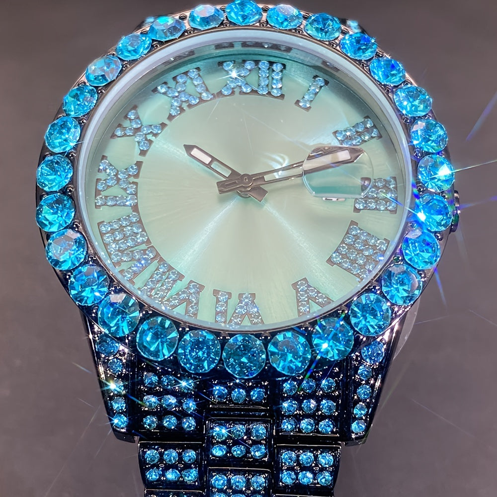 Ensemble de montres pour couples avec strass, mouvement à quartz de luxe, calendrier, affichage lumineux pour hommes et femmes, montre cadeau de mode pour fête avec strass rouges et bleu glacier