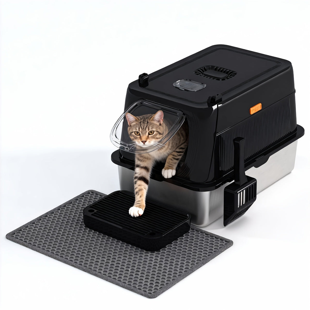 Bac à litière pour chat surdimensionné en acier inoxydable avec couvercle, toilette intérieure pliable anti-éclaboussures avec porte à rabat avant et contrôle supérieur des odeurs
