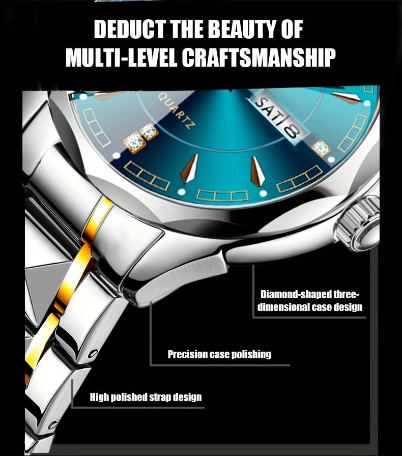 Montre à quartz pour homme RUIGE – Veilleuse, double calendrier, cadran à facettes façon diamant, boîtier en acier inoxydable, bracelet en alliage, montre-bracelet business décontracté, cadeau idéal pour la fête des pères