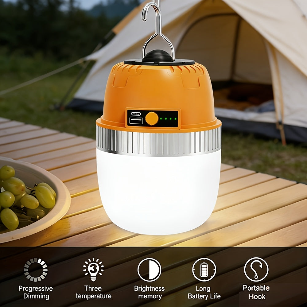 Lanterne de camping LED rechargeable par USB avec batterie externe intégrée, lampe de tente portable ultra-lumineuse pour camping, barbecue, terrasse, extérieur et urgences, recharge les téléphones portables, design autoportant et suspendu