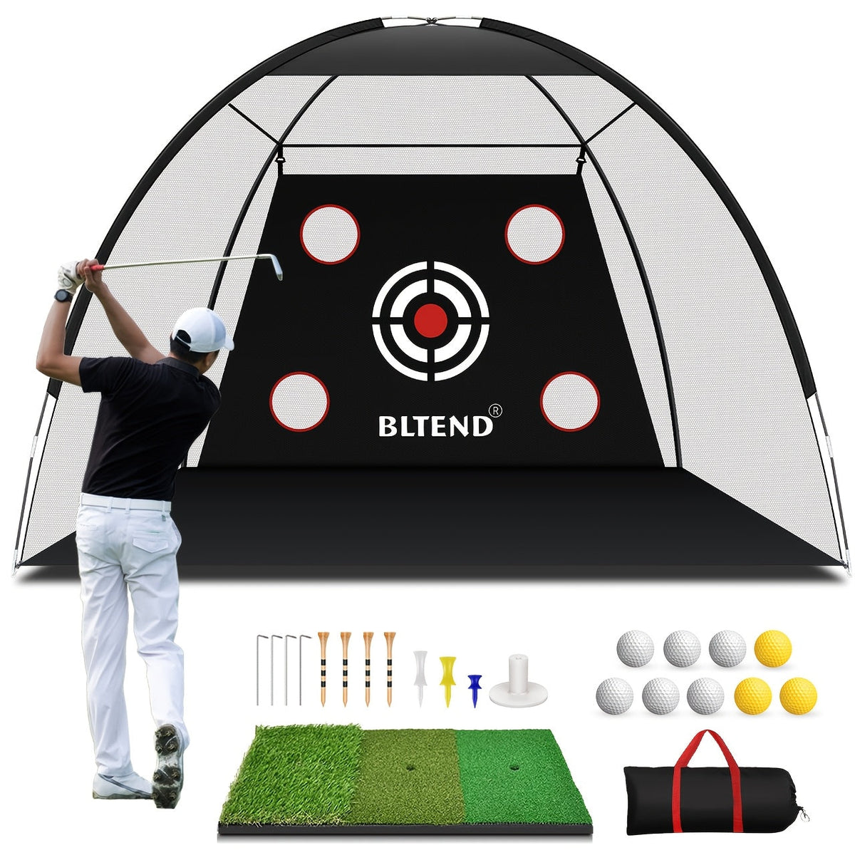 Filet de pratique de golf 10x7 pi avec tapis, balles, tees et sac de transport – Filet de frappe robuste pour jardin, sous-sol et usage intérieur/extérieur, équipement d'entraînement de golf, cadeau pour hommes et femmes