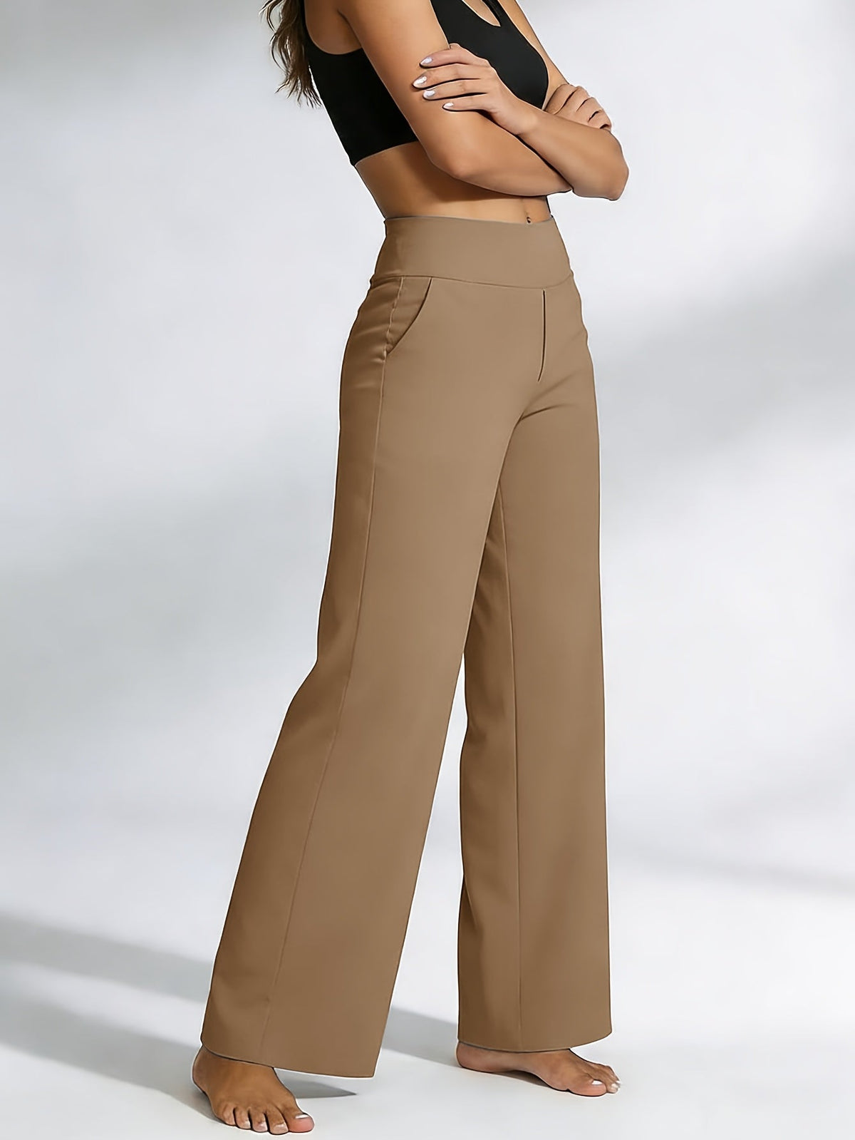Pantalon de yoga taille haute à jambe droite pour femme avec poches – Vêtement de sport décontracté, extensible et ample pour femme, pantalon d'entraînement uni d'été pour le yoga, la gym, le pilates et le quotidien, S-XXL
