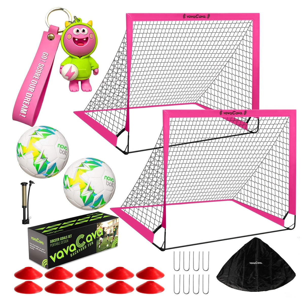 Lot de 2 buts de football portables pop-up – Filets de football pliables de 1,2 m x 0,9 m pour jeunes et adultes, inclut 2 ballons, une pompe et un sac de transport, tissu Oxford 450D, buts de football pour intérieur et extérieur (vert/rose)
