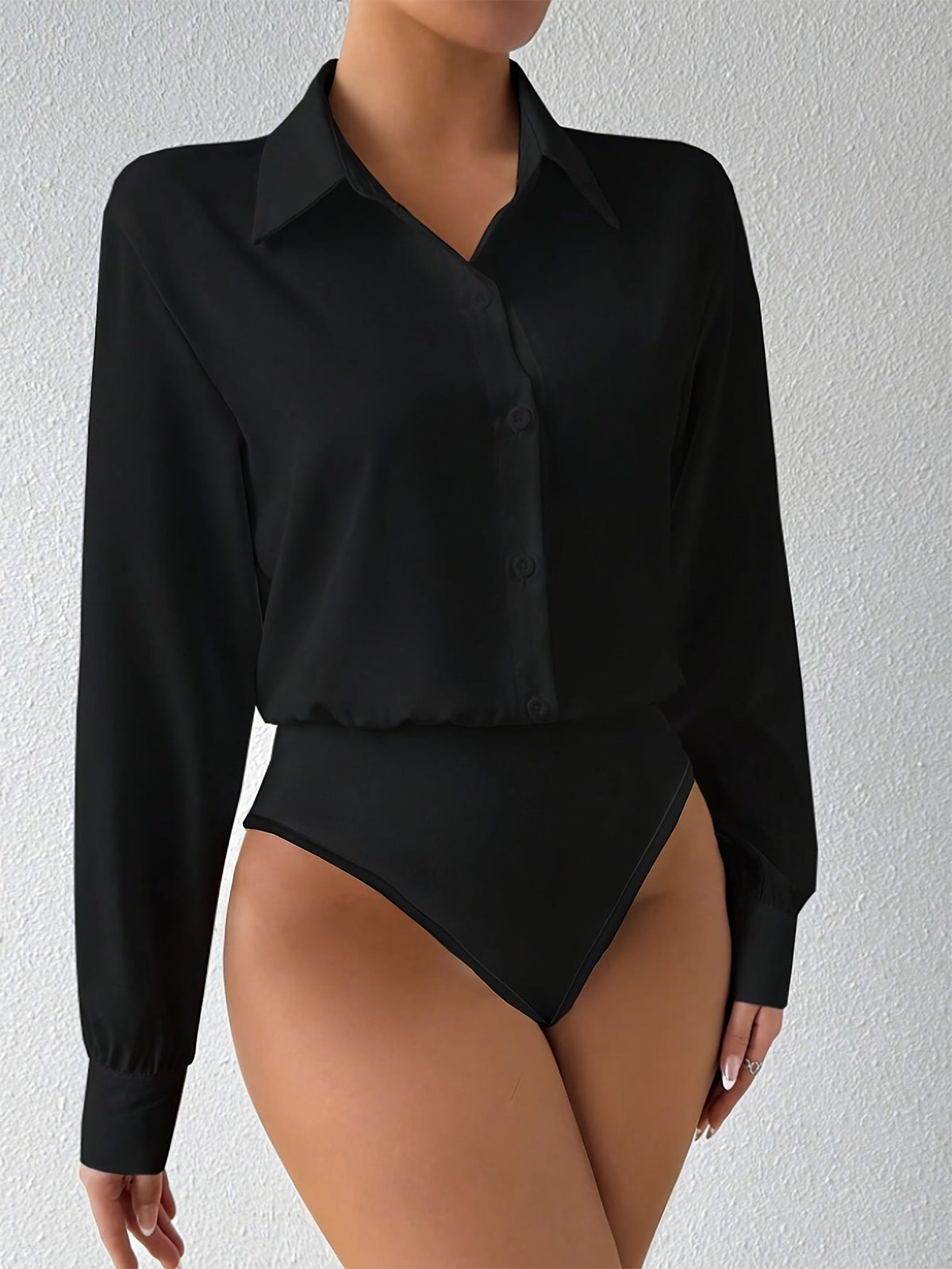 Body à manches longues pour femme, couleur unie, col à revers avec boutons, fermeture à boutons-pression à l'entrejambe, haut ajusté et extensible, chemisier à col roulé pour femme
