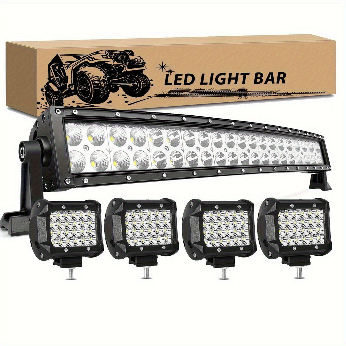 Kit de barre lumineuse de travail à LED pour camion tout-terrain, Jeep, SUV, UTV, VTT et tracteur – Barre lumineuse de 22" et 10" + pods LED de 4", 2000-3000 lumens, 12-24 V, aucune batterie requise, configurations multiples