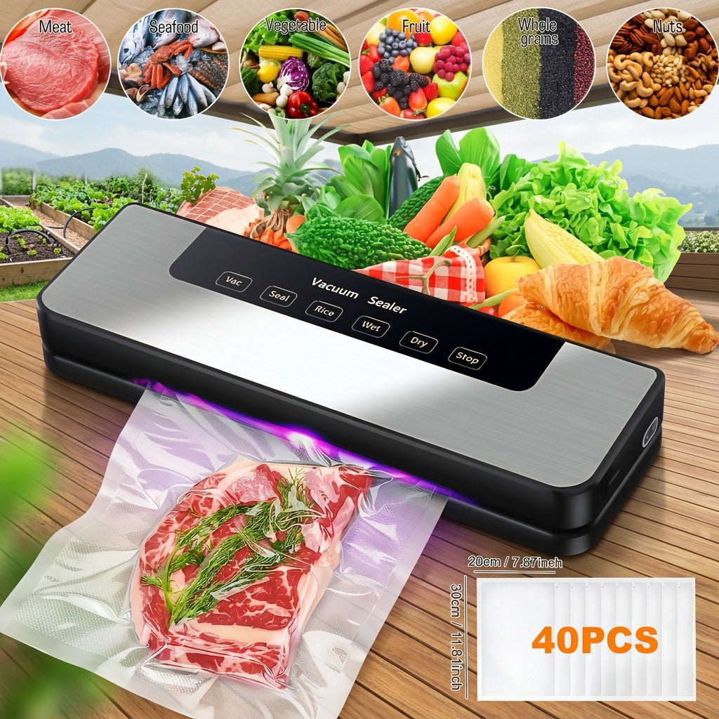 Machine de mise sous vide 65 KPA 6-en-1 avec 40 sacs gratuits – Modes humide et sec, scelleuse sous vide automatique pour la conservation des aliments, appareil professionnel et domestique avec tuyau externe