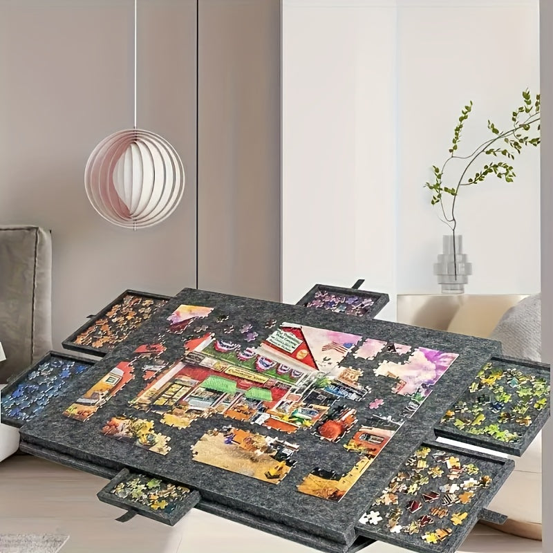 Table de puzzle 1000 pièces, design inclinable 2-en-1 avec couvercle support et 6 tiroirs, plateau de puzzle ultra-léger et portable pour adultes, accessoire de puzzle ergonomique, cadeau pour les amateurs de puzzle – Naturel et Gris