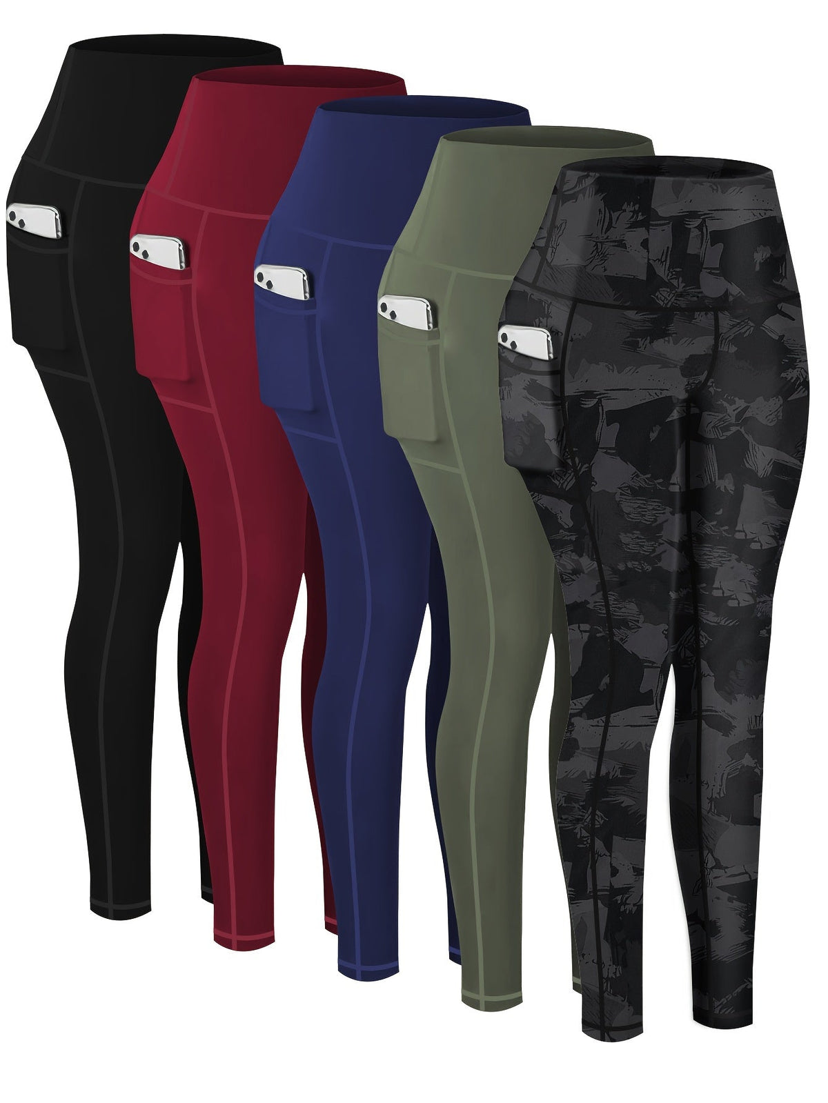 Lot de 5 pantalons de yoga de compression à motifs pour femmes – Leggings de fitness 7/8, coupe cheville, à motifs léopard, camouflage et unis, bas de survêtement de sport taille haute pour la gym, S-XXL