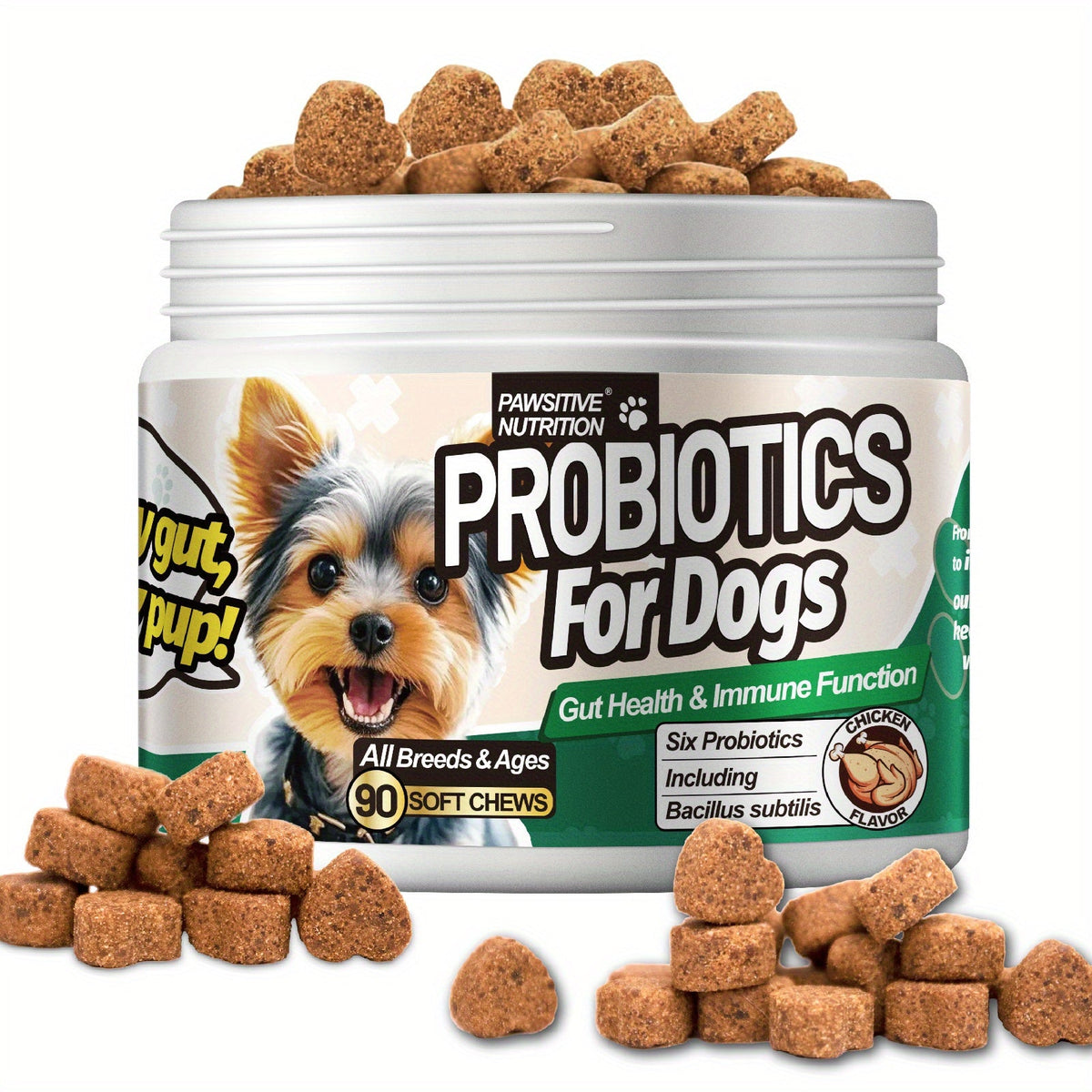 Friandises probiotiques à mâcher pour la santé digestive du chien, 90 unités, goût poulet - Favorise la santé intestinale, pour toutes les races et toutes les tailles, complément quotidien, pack de 1 ou 3 flacons