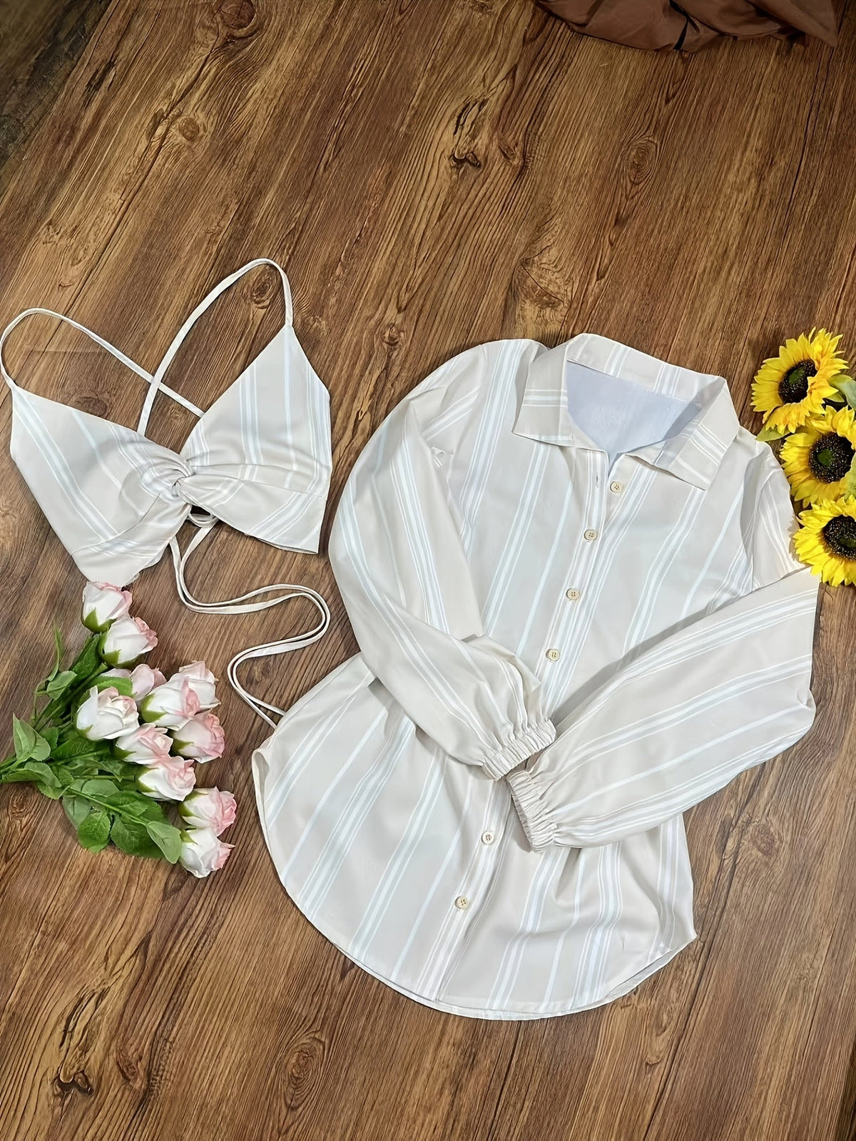 Ensemble 3 pièces pour femme : caraco + short + chemisier cardigan | Tenue assortie couleur unie pour les vacances d'été, le quotidien ou le travail