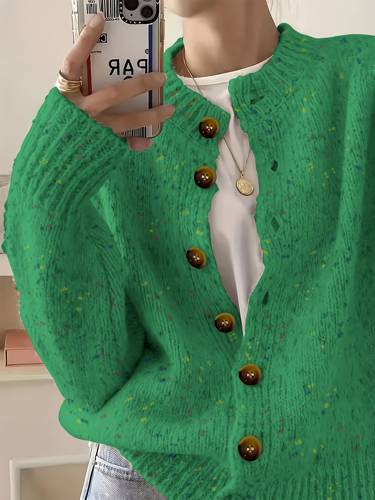 Cardigan décontracté pour femme à boutons, manches longues, col rond, maille colorée | Haut élégant et léger en tissu extensible à motif pois bonbon, tailles S M L XL
