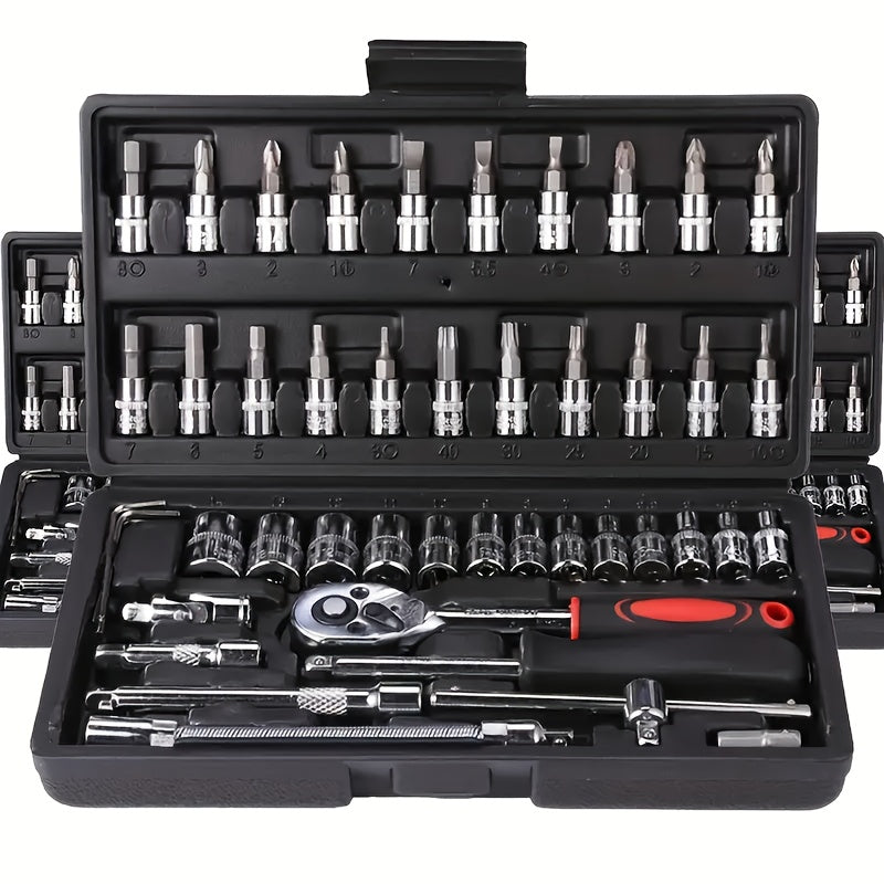 Ensemble d'outils de réparation pour maison et voiture 46 pièces – Jeu de clés à cliquet, tournevis et douilles pour réparations de voitures, motos, vélos et entretien domestique