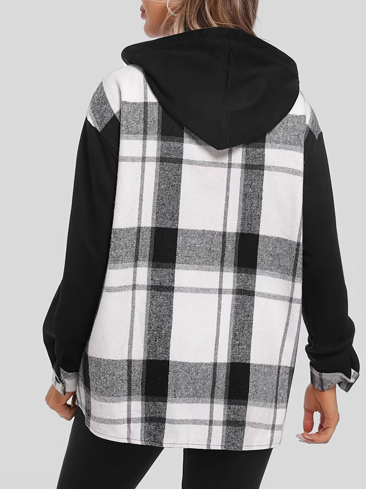 Veste à capuche à carreaux pour femme, épaules tombantes, poche plaquée tissée, vêtement d'extérieur décontracté, 100 % polyester, suédine, PU, noir et blanc, S, M, XXL