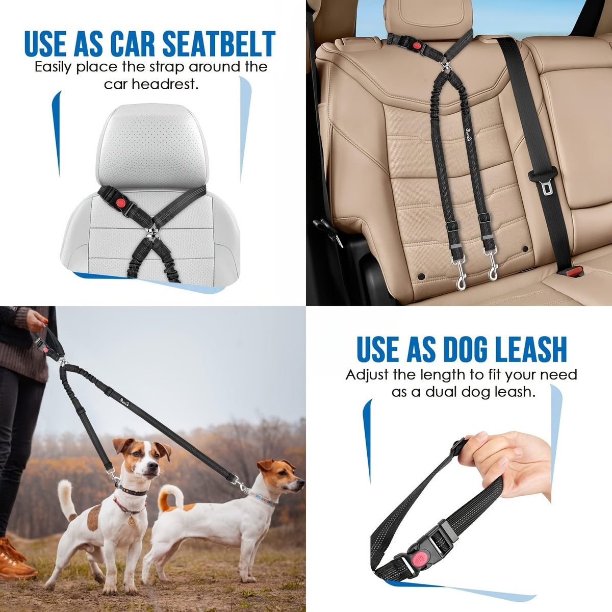 Double ceinture de sécurité pour 2 chiens, attache appuie-tête anti-enchevêtrement, laisse élastique réglable pour la sécurité des chiens de petite, moyenne et grande taille en voiture