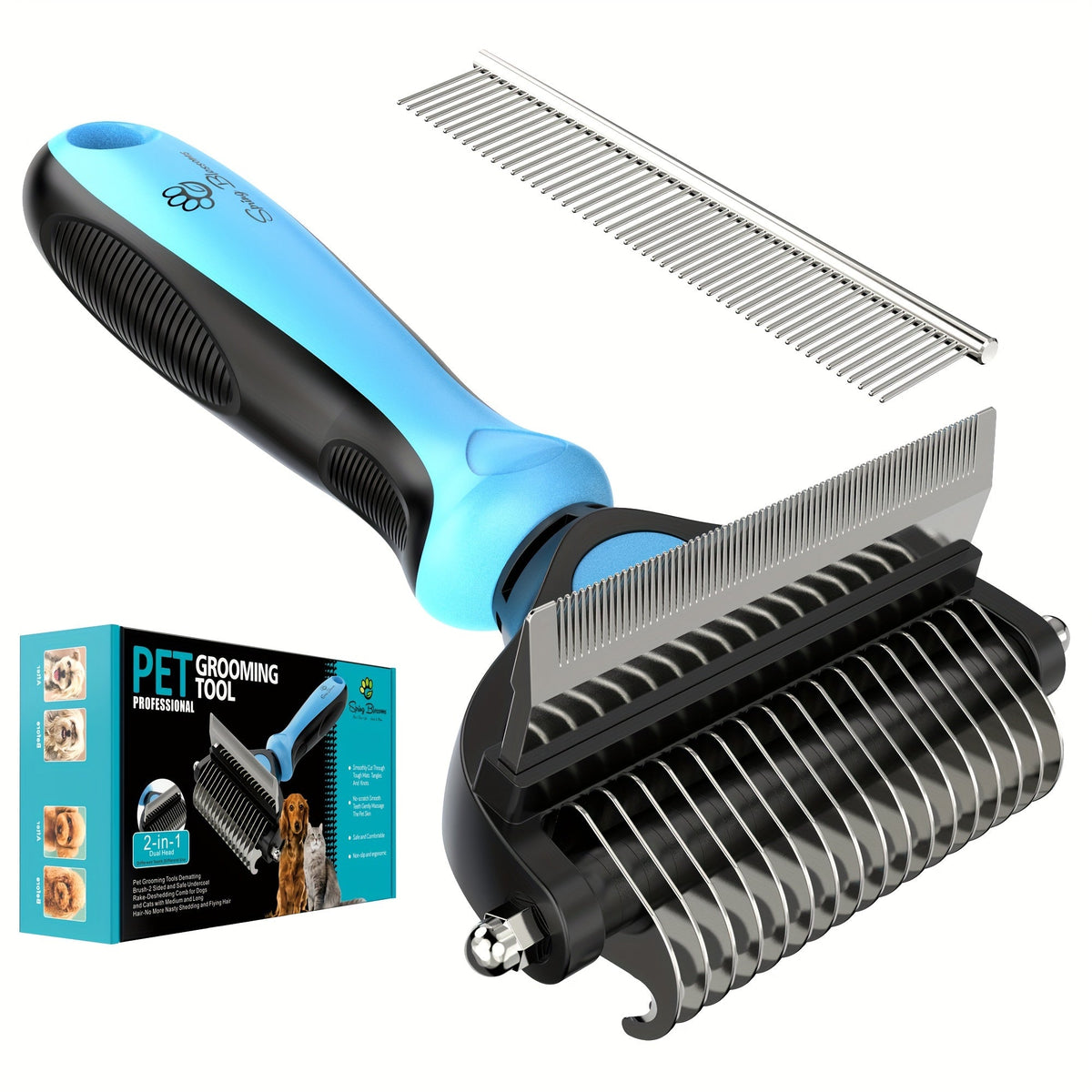 Brosse double face pour le démêlage et l'entretien du pelage des chiens et chats - Outil de toilettage du sous-poil pour poils courts à longs, brosse douce éliminant les poils morts et les nœuds, 2 couleurs (cyan/jaune)