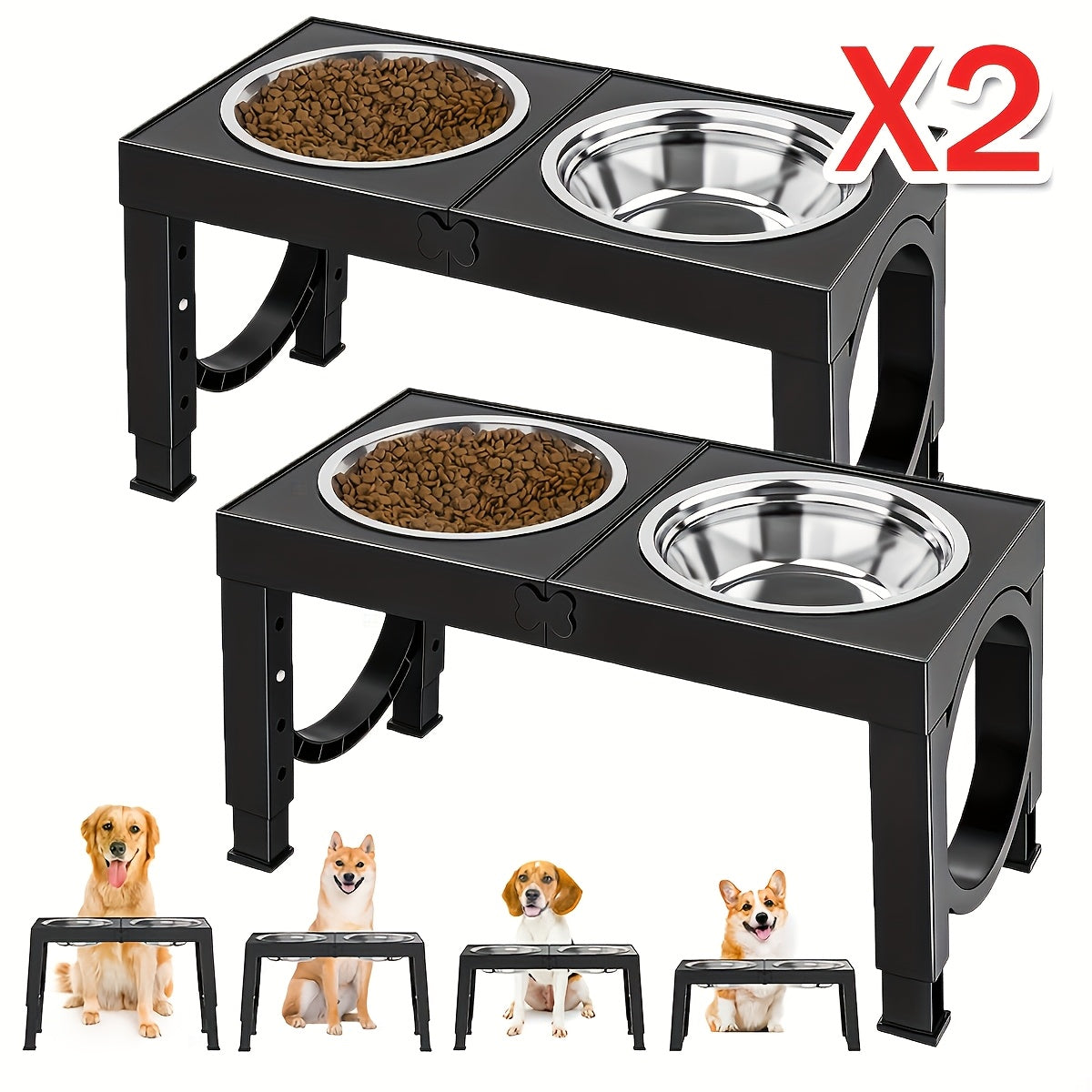 Gamelle surélevée pliable pour chien – Support réglable sur 5 hauteurs avec 2 bols en acier inoxydable, antidérapant, mangeoire et abreuvoir portables pour chiens et chats de toutes tailles, lot de 2