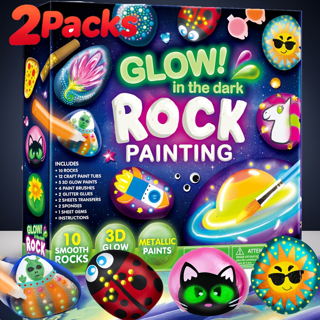 Kit de peinture sur galets phosphorescents pour enfants dès 6 ans – Ensemble complet d'arts créatifs avec 10 galets, 17 peintures, pierres précieuses, pinceaux et autocollants | Jouet créatif STEM pour garçons et filles, cadeau d'anniversaire et de Pâques