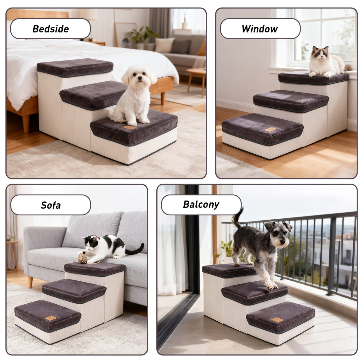 Escalier pliable pour petits chiens à 3 marches – Rampe pour animaux en nylon antidérapant pour lits et canapés surélevés, design pliable compact, marron et blanc, inclut une peluche en forme de patte de poulet en bonus