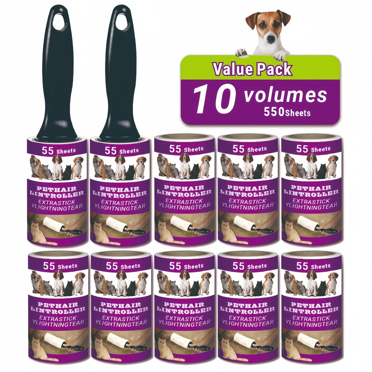 Rouleau adhésif anti-poils d'animaux avec recharges - Rouleau collant ultra-adhésif pour poils de chien et de chat sur les meubles, tapis et vêtements - Kit de rouleau anti-peluches portable (4, 6, 10 ou 15 pièces)