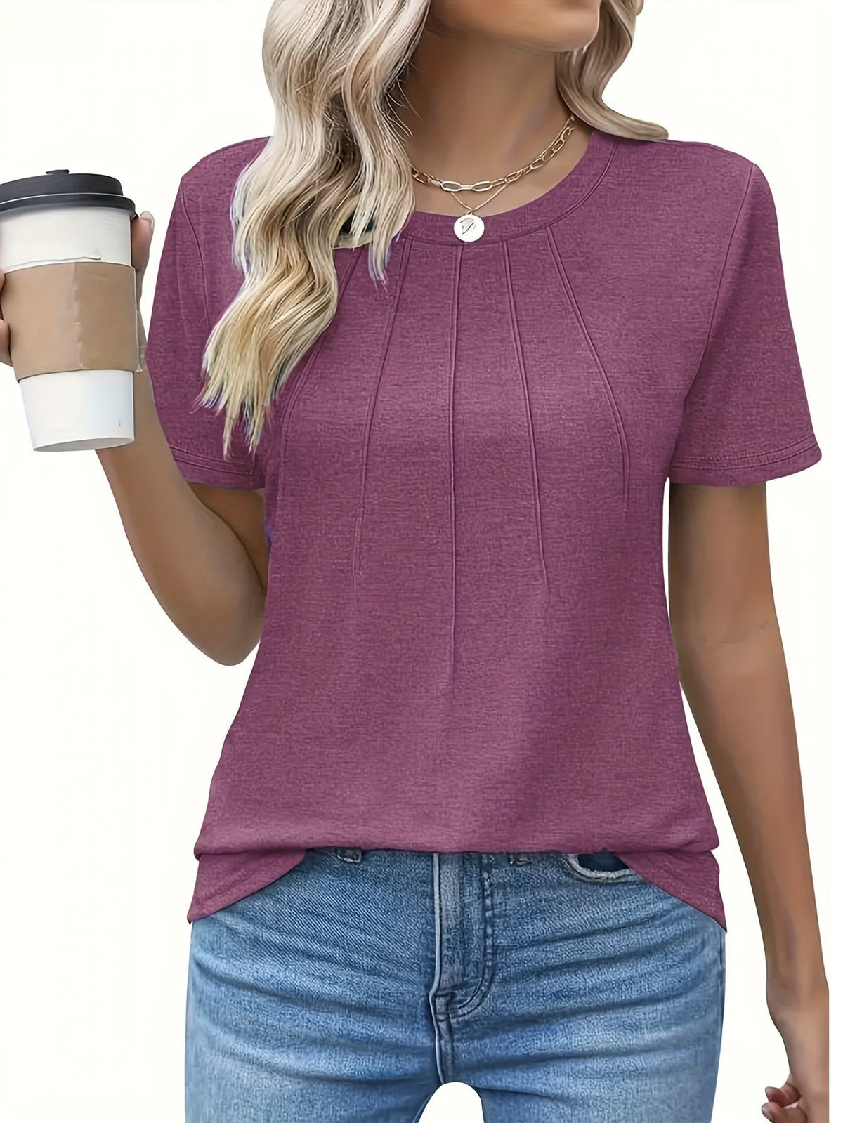 T-shirt décontracté pour femme, couleur unie, col rond, manches courtes, coupe ample et décontractée, micro-extensible, haut d'été léger, lavable en machine, S M L XL XXL