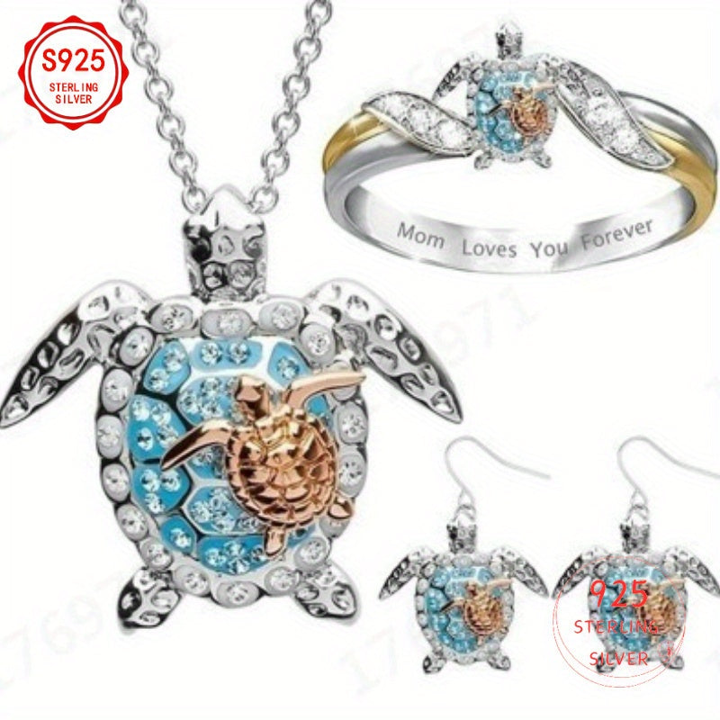 Parure de bijoux tortue pour femme – Collier, boucles d'oreilles et bague en argent S925 doré avec zircone cubique, ensemble bohème élégant de 3 pièces pour le quotidien, cadeau d'anniversaire, Saint-Valentin et cadeau pour femme