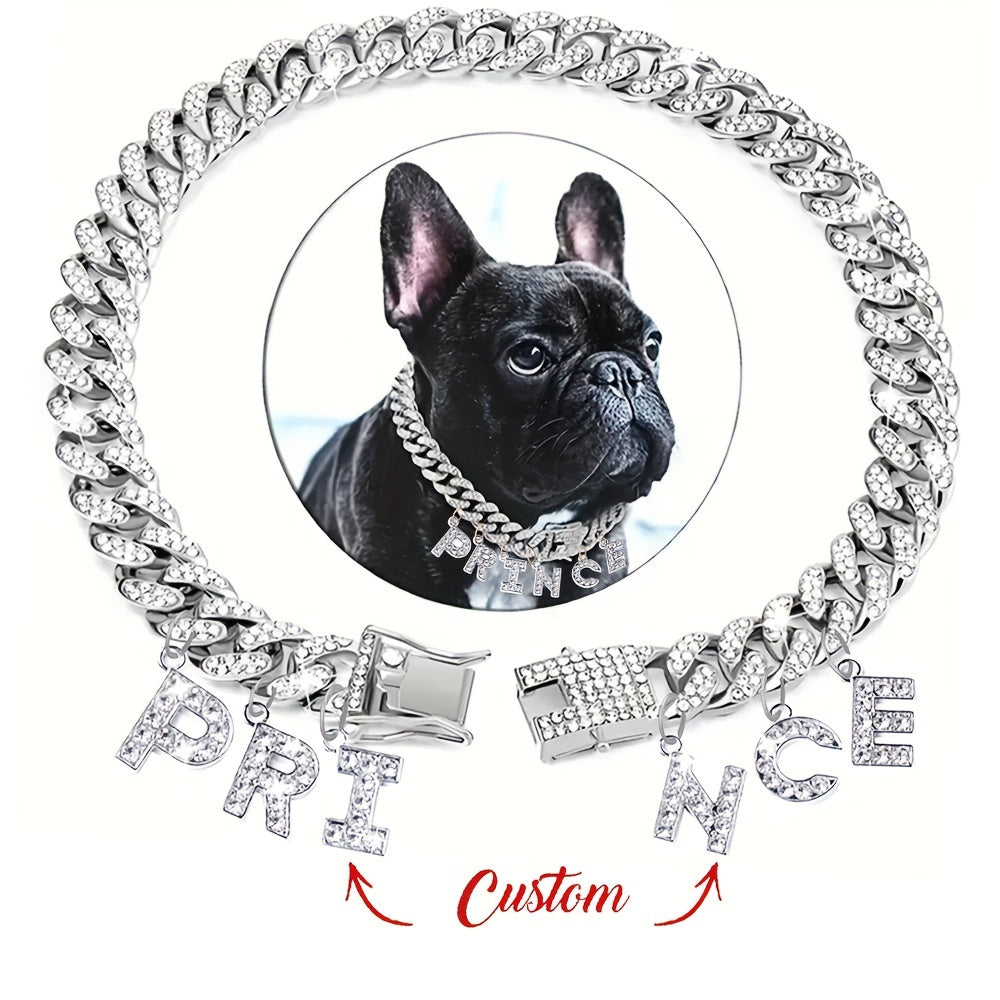 Collier pour chien personnalisé avec pendentif lettre en strass – Collier pour chien à chaîne cubaine étincelante de 13 mm, breloque initiale personnalisée, double fermoir pour petits et moyens chiens, bijou de luxe pour animal de compagnie