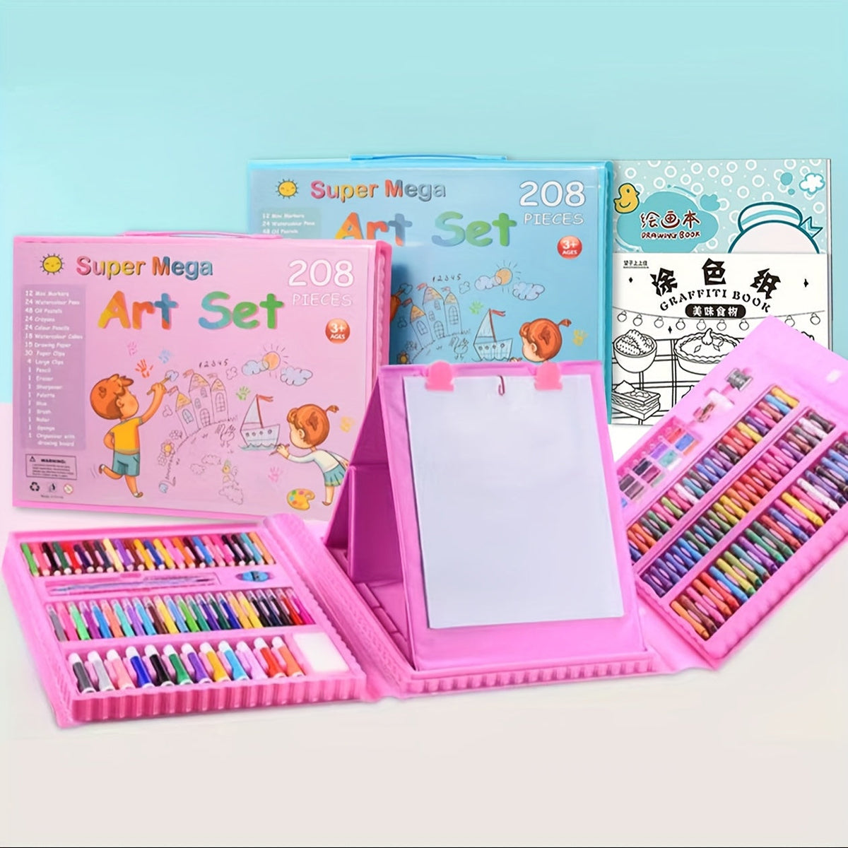 Kit de dessin et peinture pour enfants de 228 pièces avec chevalet, kit complet pour débutants de 3 à 12 ans, inclut carnet de croquis, livre de coloriage, marqueurs acryliques, feutres aquarellables, pastels à l'huile, crayons de couleur et gomme
