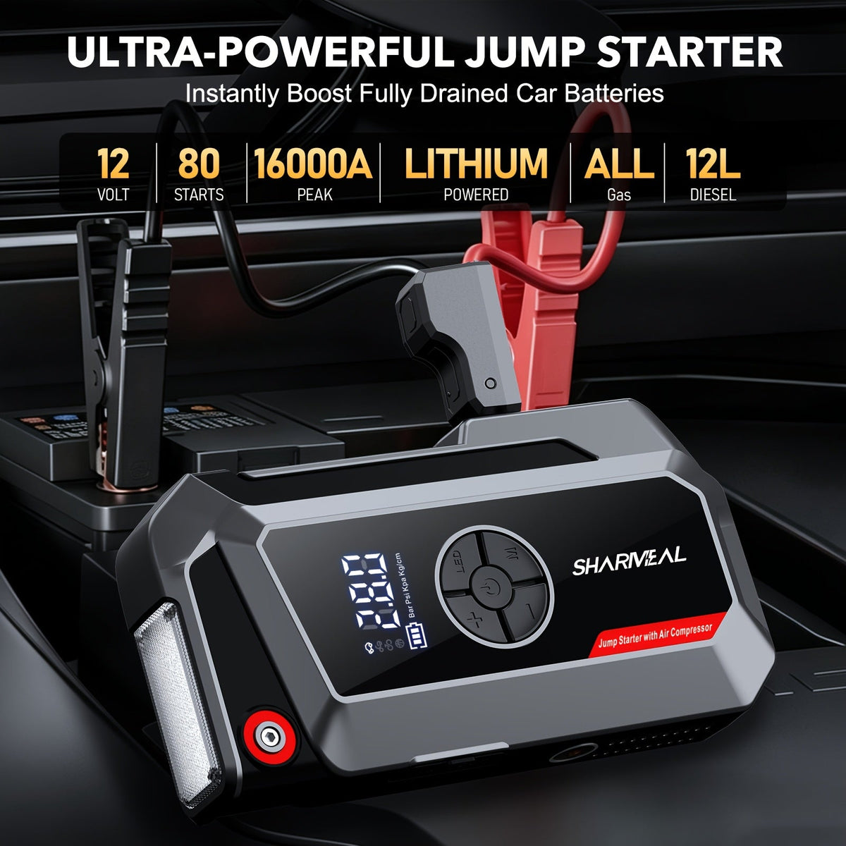 Démarreur de voiture 20000A avec compresseur d'air, batterie externe portable 18-en-1 – Pinces intelligentes, charge rapide, lampe LED, grand écran pour tous moteurs essence et diesel, booster de batterie de voiture d'urgence