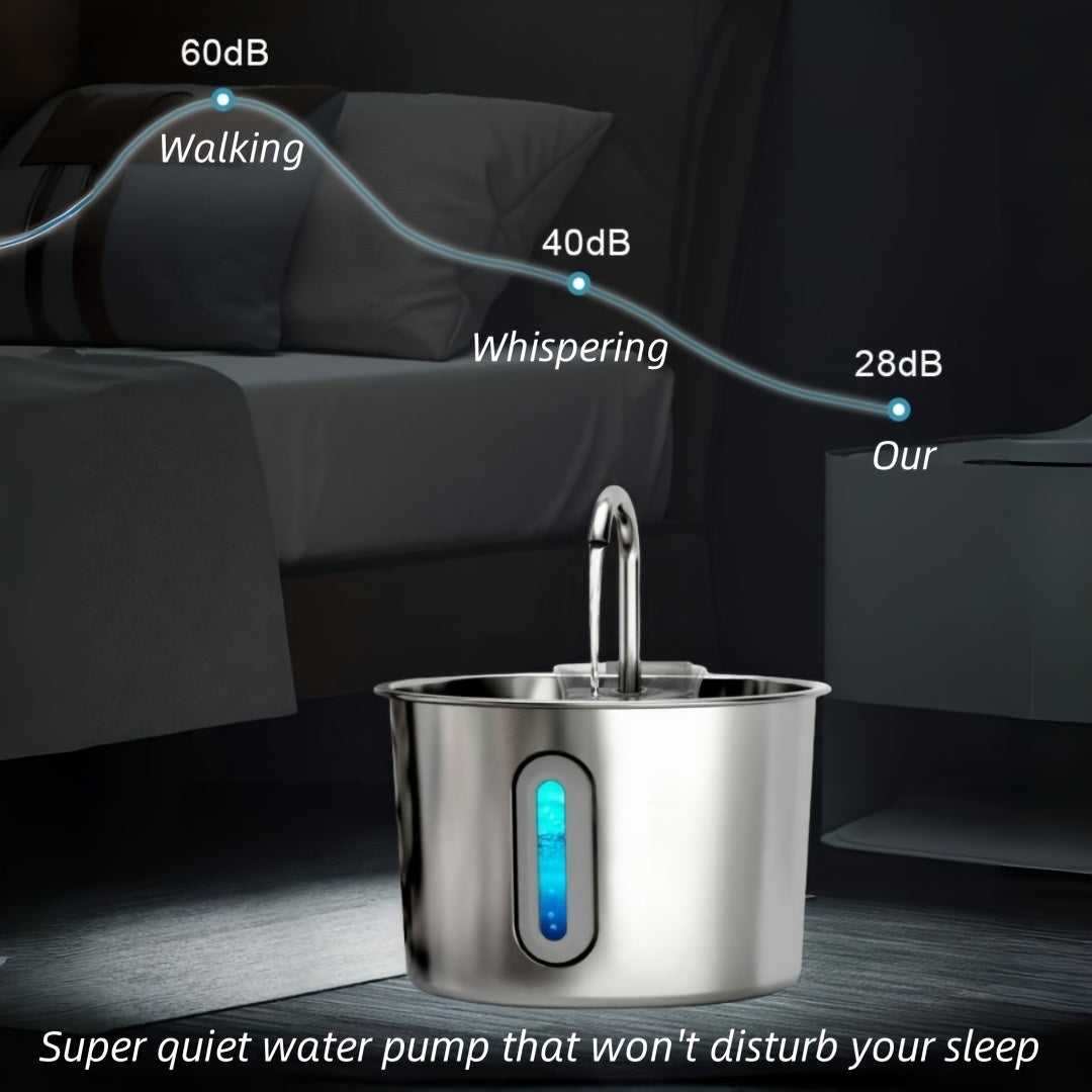 Fontaine à eau pour chat en acier inoxydable 2,2 L - Pompe USB ultra-silencieuse, débit type robinet, filtre à 3 étapes et fenêtre de niveau d'eau visible, fontaine automatique pour chats et petits chiens en intérieur