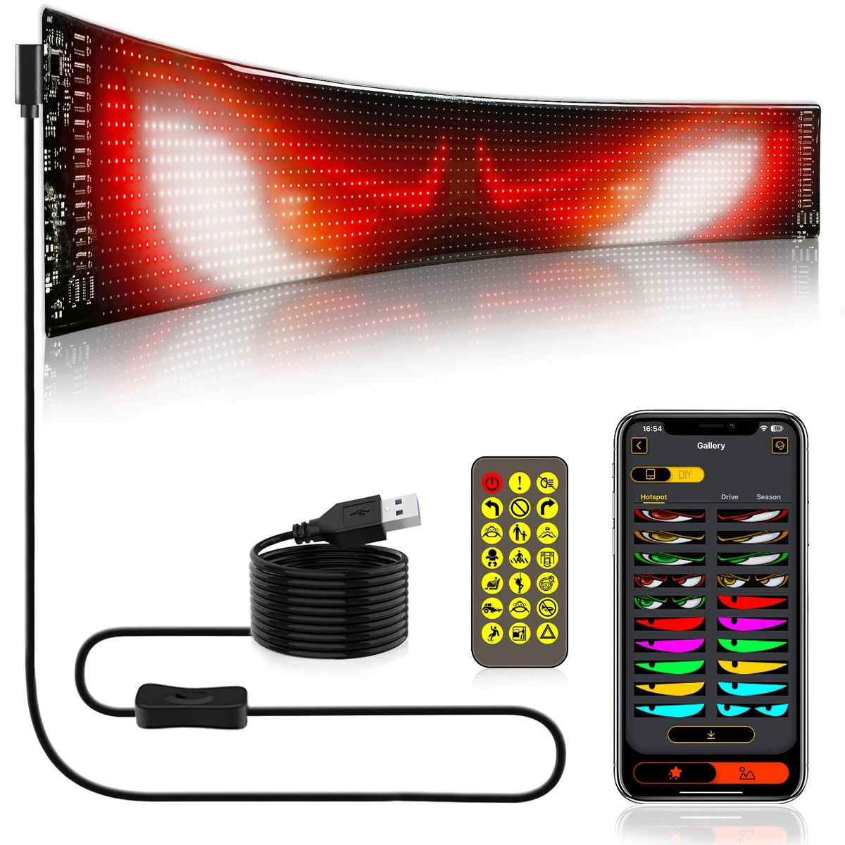 Panneau d'affichage LED matriciel flexible 16x96 – Enseigne défilante RVB programmable avec application et télécommande, alimentée par USB, éclairage animé DIY pour boutique, magasin, hôtel, voiture, décoration intérieure