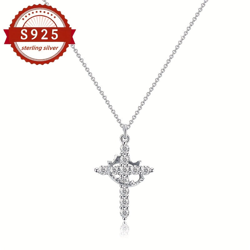 Collier avec pendentif croix et couronne en argent sterling 925 pour femme – Bijou de luxe vintage hypoallergénique pour le quotidien, les vacances et les banquets, cadeau élégant