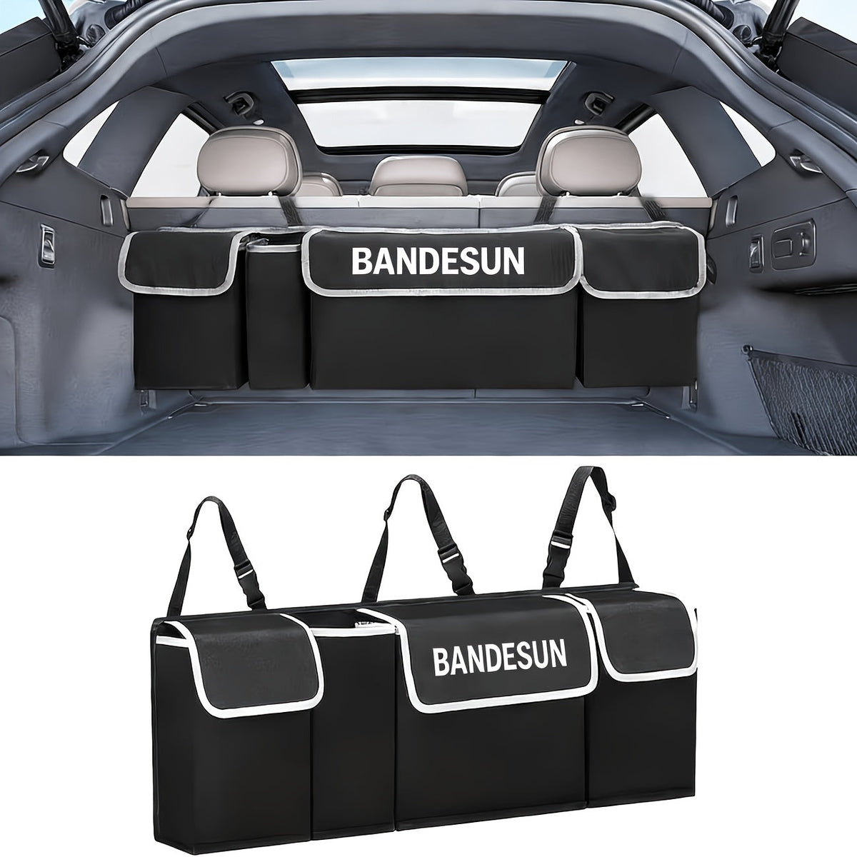 Organisateur de coffre de voiture à suspendre au siège arrière avec 4 poches, sac de rangement pliable pour SUV, camion, monospace et fourgon – Organisateur de rangement intérieur noir à poches multiples pour les voyages et l'usage quotidien