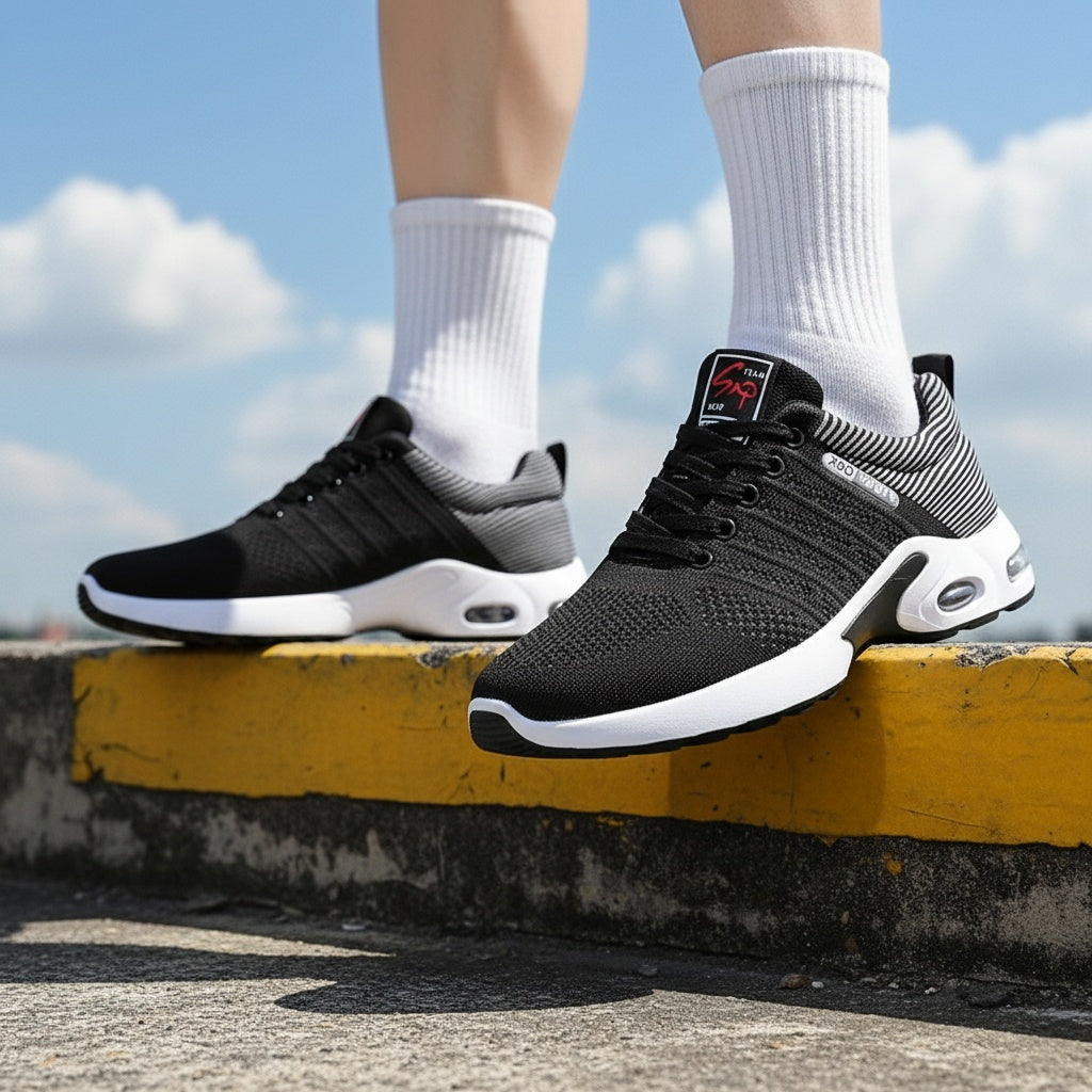 Baskets de sport à coussin d'air pour hommes – Chaussures décontractées à lacets respirantes avec semelle antidérapante, noir et blanc ou noir et bleu, pointures US 6,5–11,5, style urbain sportif