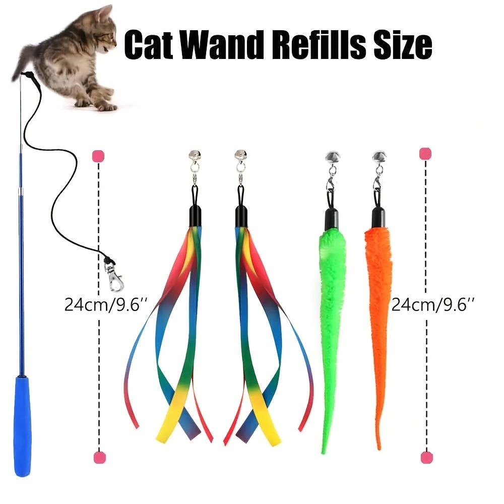 Ensemble de jouets interactifs pour chat – Canne télescopique avec 5 recharges de vers en peluche et 2 recharges à ruban, grelot détachable, sans pile, adapté à tous les chats et chatons (8 pièces)
