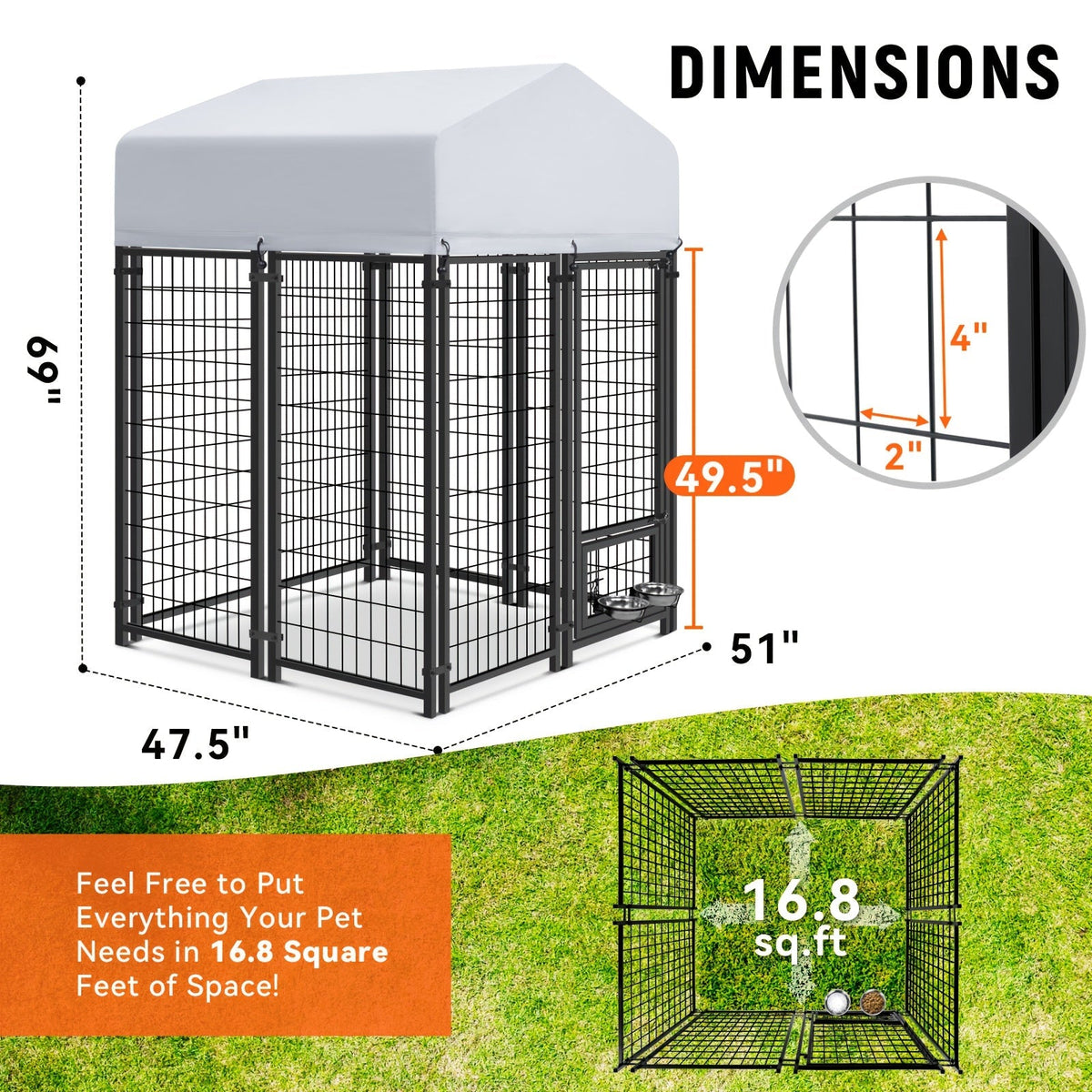 Large Dog Enclosure Outdoor Heavy Duty Welded Wire Steel Dog Playpen with UV-Resistant Roof Cover, Secure Lock Pet Pen Fence for Big Dogs Outside Exercise Play Area